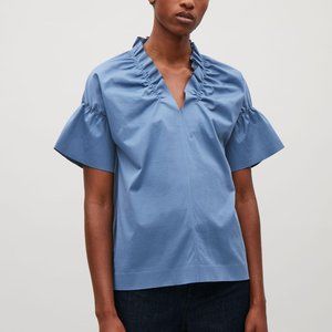 COS Blue Jersey Top With Ruffle Neck & Sleeves XS